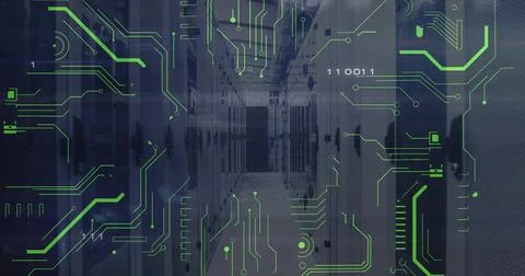 Showing dark server rack corridor inside data center, with green circuit overlay Stock Photos
