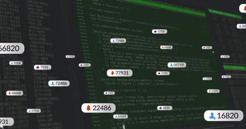 Showing dark-themed code editor interface on computer monitor, with floating Stock Illustration