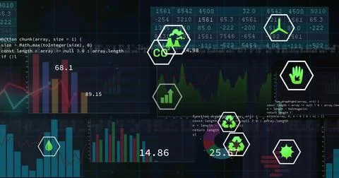 Showing dashboard on dark grid with multi bar, line, area charts, metrics, eco イラスト素材