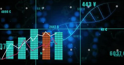 Showing dashboard data with turquoise bars, orange bar, white magenta lines, Stock Illustration