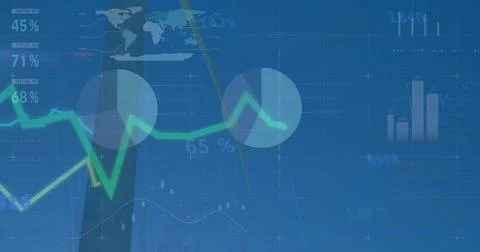 Showing dashboard featuring world map and green line graph with circular 스톡 일러스트