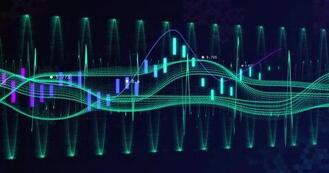 Showing dashboard on hex grid, featuring green waves, spikes, line graphs and 스톡 일러스트