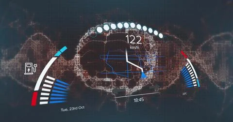 Showing dashboard on map in car dash, with speedometer, indicators, charging Stock Illustration