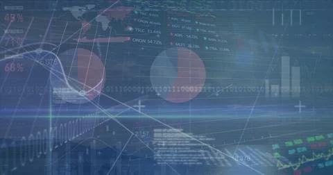 Showing dashboard overlay on screen featuring world map, charts, binary code and Stockfoto's