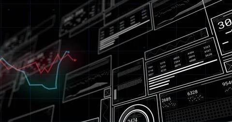 Showing dashboard panels in virtual UI with teal and red line charts, numeric Stockillustratie