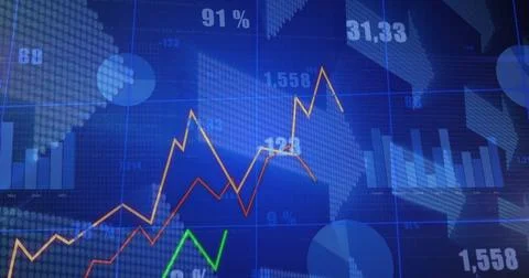 Showing dashboard plotting line and bar charts on blue grid, with world map and Fotos de archivo