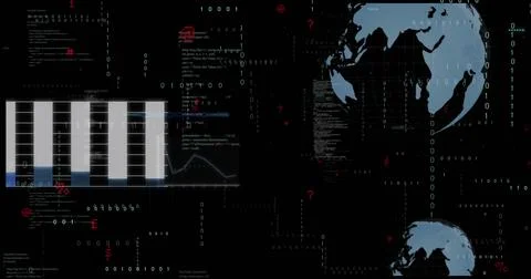Showing dashboard processing binary streams in cyber UI, with bar chart and Illustrazione stock