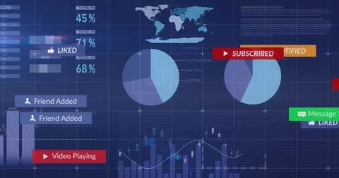 Showing dashboard on screen featuring pie charts world map bars line graph Illustrazione stock