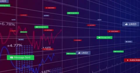 Showing dashboard on screen with red and blue line graphs, social labels and Stock Photos
