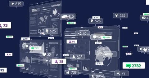 Showing dashboards and floating notification badges in dark-navy virtual Illustrazione stock