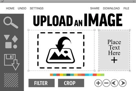 Showing dashed upload zone featuring picture icon, sidebar toolbar, textbox, Stock Illustration