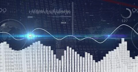 Showing data analytics interface on dark screen, with bar chart, line graph, Stock Illustration