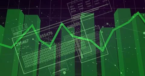 Showing data bars and zigzag line graph over dark grid with keyboard overlay in Illustrazione stock