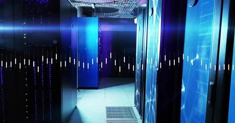 Showing data center aisle of server racks glowing under cool LED lighting, with Stock Illustration