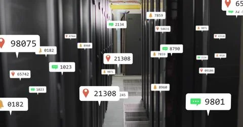 Showing data center corridor with black server racks, overhead conduits, Stock Photos