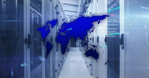 Showing data center corridor featuring digital world map overlay, with server Stock Photos