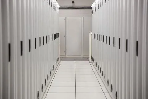 Showing data center corridor in flat design featuring racks, floor panels, cable Stock Illustration