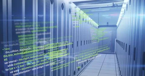 Showing data center hall with cabinets, floor tiles, cable trays, light fixtures 写真素材
