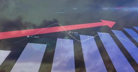 Showing data chart against cloudy sky, with blue bars, red arrow, white line Foto stock
