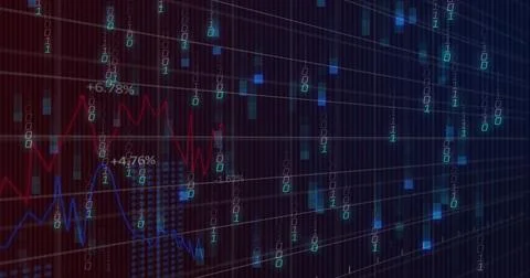 Showing data chart on screen, displaying red-blue lines, percent labels, binary Illustrazione stock