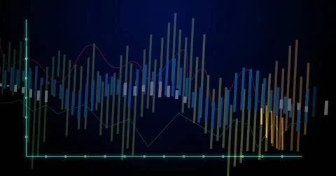 Showing data chart on screen, featuring bars, magenta and pale green lines, teal Illustrazione stock