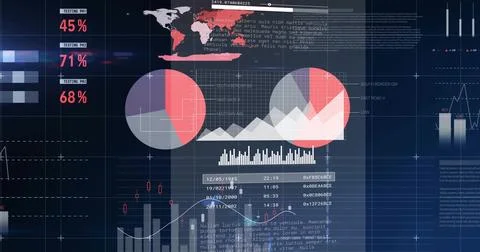 Showing data dashboard on center screen with overlapping donut charts, percent Fotos Stock