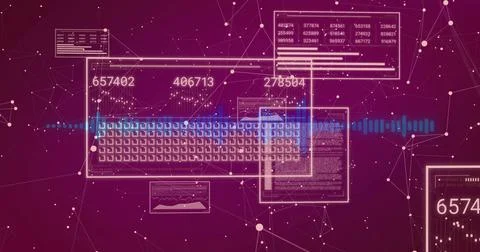 Showing data dashboard centering on magenta, with keyboard, blue waveform, Stock Illustration