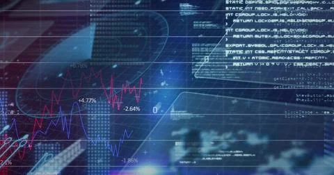 Showing data dashboard in control room, with red-blue line charts, % labels and Stock Photos