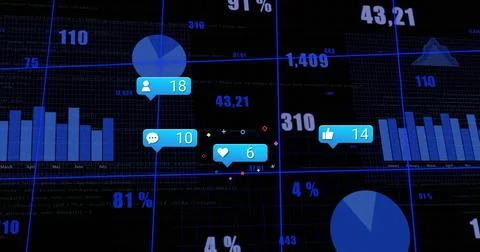 Showing data dashboard on dark grid with blue bar charts, pie charts, numeric Stock Illustration
