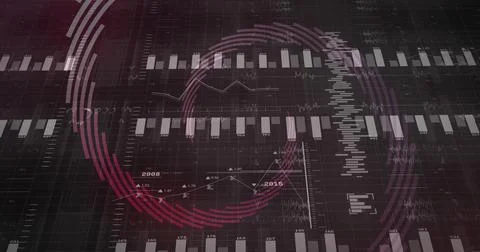 Showing data dashboard on dark screen, with bar charts, line graphs, magenta Stock Illustration