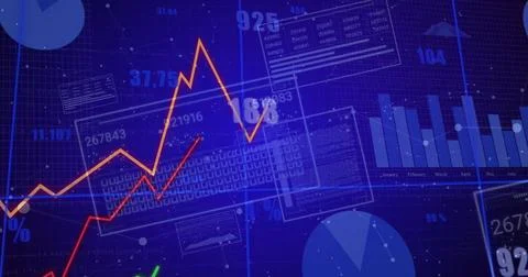 Showing data dashboard, with line graphs bar or pie charts numeric labels grid Stock Photos