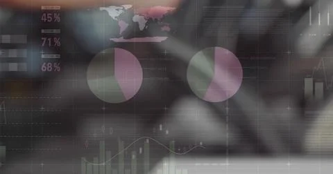 Showing data dashboard in office with purple or green pie charts 45% 71% 68% Stock Illustration