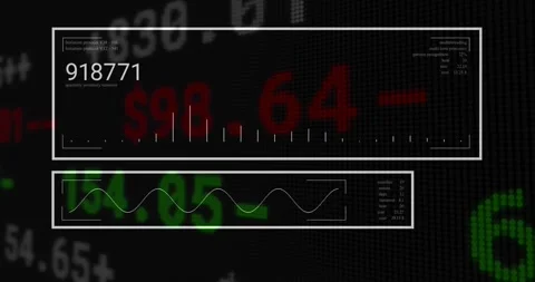 Showing data dashboard panel floating over pixelated grid, featuring bar chart Stock Footage 326427411
