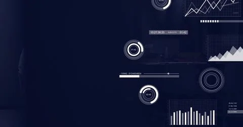 Showing data dashboard projecting over dim office, with timers, slider, charts, Stock Illustration