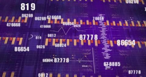Showing data dashboard on purple grid with orange bars, white lines, histogram, Stock Photos