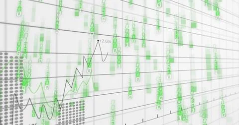 Showing data dashboard on receding gray grid, featuring falling green binary 스톡 일러스트