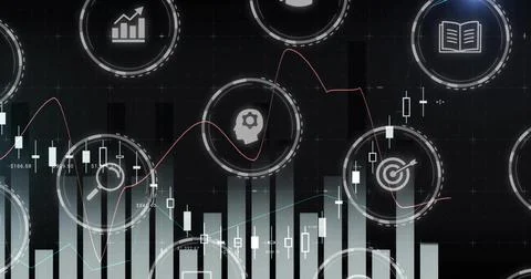 Showing data dashboard running on dark UI with bars, candlesticks, red and blue Illustrazione stock