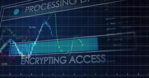 Showing data dashboard tracking fluctuating charts on screen, with ENCRYPTING 스톡 일러스트