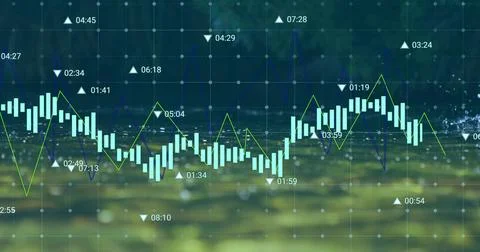Showing data on digital grid candlesticks and neon-green or dark-blue line Stock Illustration