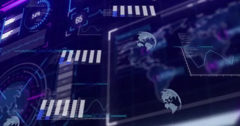 Showing data display on dark backdrop, featuring gauge, charts and graphs, 스톡 일러스트