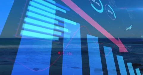 Showing data graph over ocean horizon, with blue bars, red arrow, red trendline, Stock Photos
