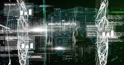 Showing data hub projecting world map in control panel, with scanning bars and Stock Photos