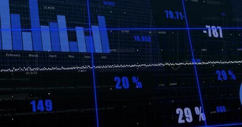 Showing data HUD on dark neon-grid display, plotting vertical bars Feb-Jul, Illustrazione stock