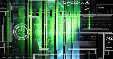 Showing data interface lighting with green beams in HUD, displaying numeric s Foto stock