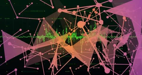 Showing data network graph filling frame, glowing nodes, facets and edges, green 库存插图