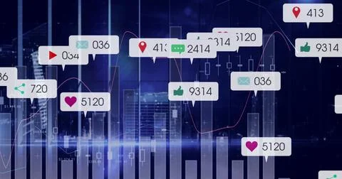 Showing data over night skyline with bar charts, candlestick, line graph and Stock Photos
