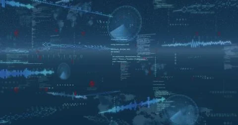 Showing data overlay floating on deep navy screen, with waveforms, dotted globe, Stock Photos