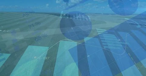 Showing data overlay on grassy plain, with bars, spheres, line graph, percent Stock Photos