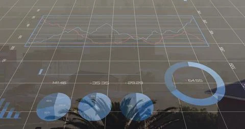 Showing data overlay over rooftop view, casting 3D grid, line chart, pie and Stock Photos