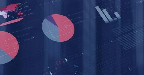 Showing data panel with pie chart and left partial pie, top-right bar chart, Foto stock